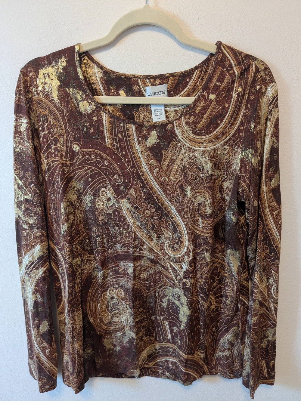 Chico's Brown & Cream Paisley Long Sleeve Top